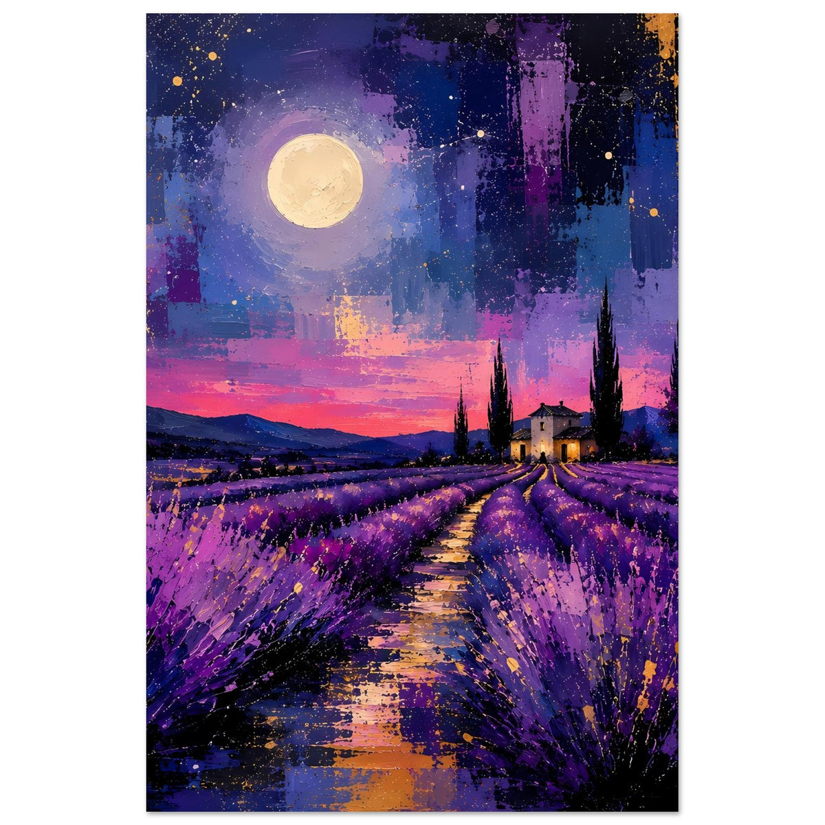 Hochformat-Poster mit Lavendelfeldern bei Nacht, gelber Vollmond, lila Reihen und Pfad