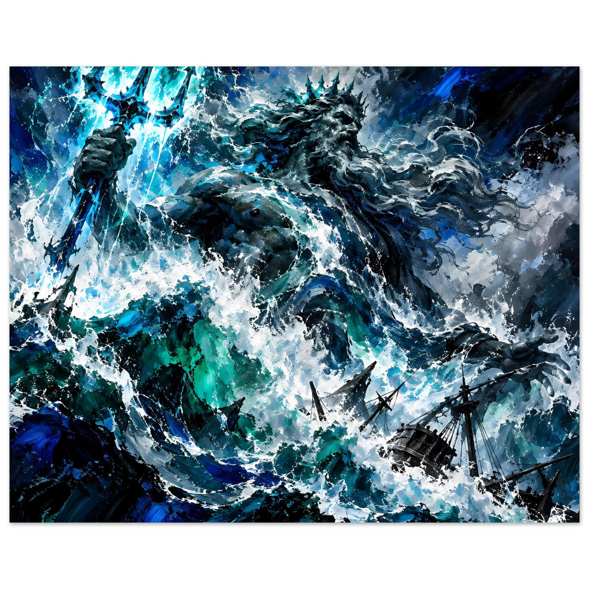 Sturm-Poster im Querformat mit Poseidon, türkisblauen Wellen, Blitzen und segelnden Schiffen