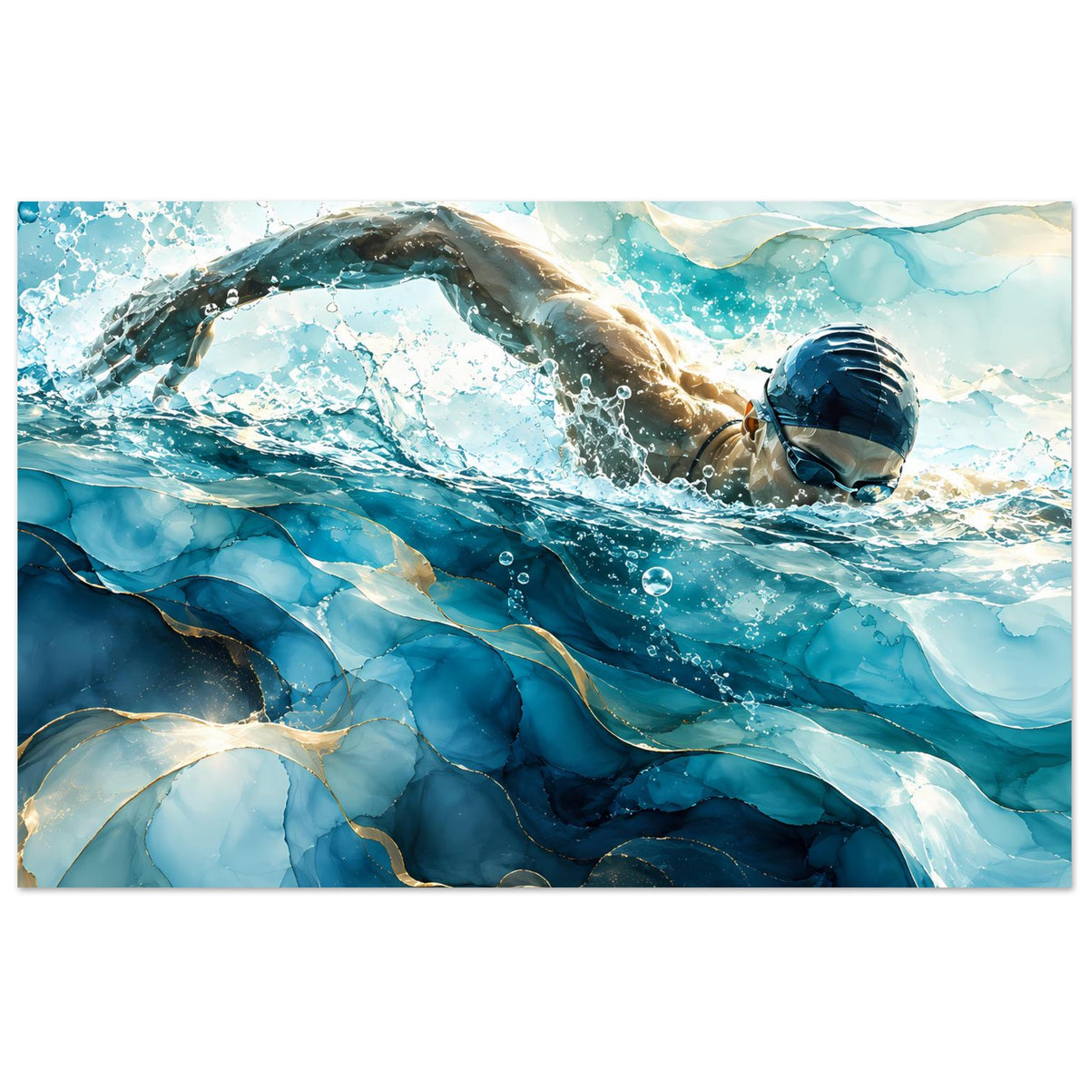 Schwimmer-Poster mit Unterwasser-Szene in Blau: Schwimmer, Wellen und Blasen