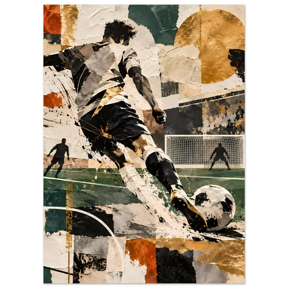 Fußball-Action-Kunstposter: konzentrierter Spieler mit Ball, Tor und Figuren, gemischte Texturflächen