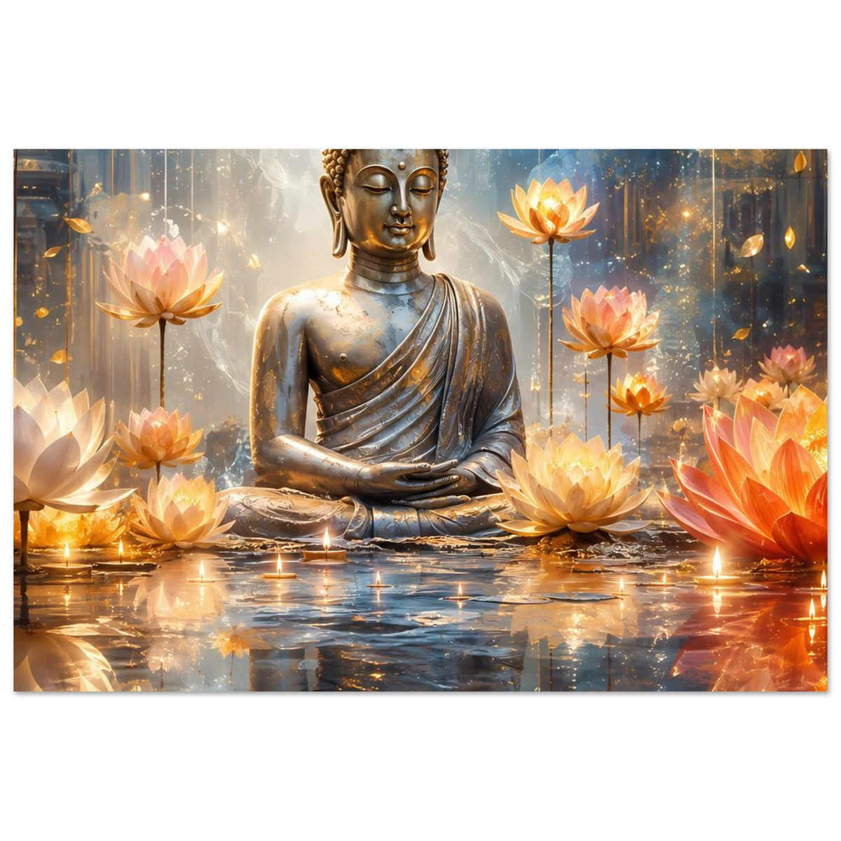 Poster mit sitzendem Buddha in Goldtönen und vielen Lotusblüten