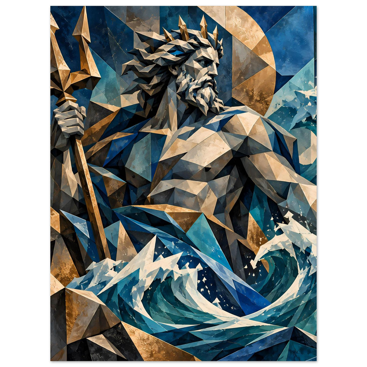 Poseidon-Poster mit Dreizack und geometrischen Wellen, Ozeanblau mit goldenen Akzenten