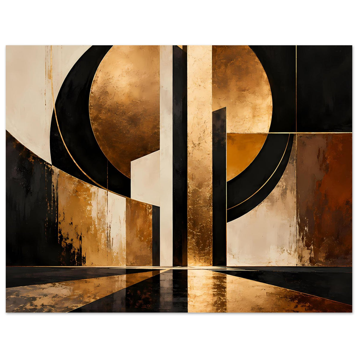 Abstraktes Gold-Schwarz Art Poster mit goldenen Halbkreisen, schwarzen Linien und vertikaler Säule
