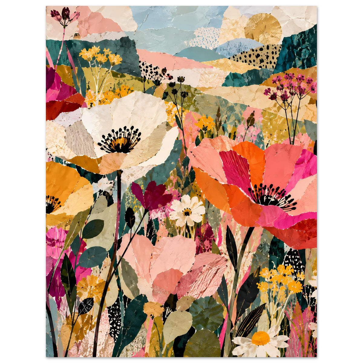 Blumen-Collageposter mit pastellfarbenen Bergen im Hintergrund und mehrfarbigen Blüten
