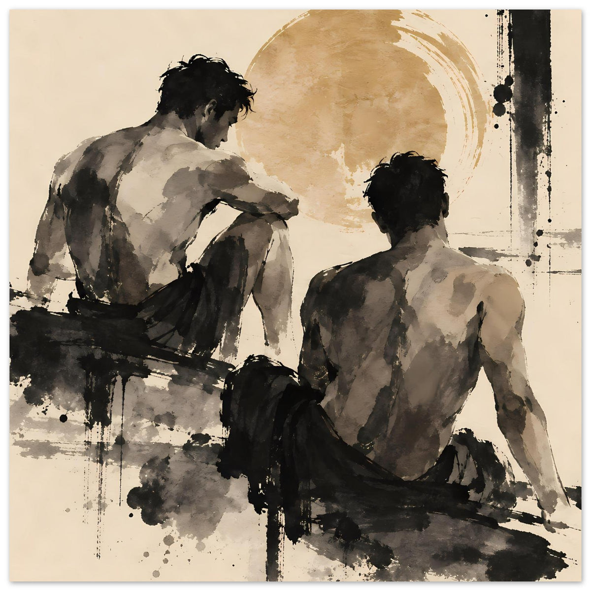 Kunstposter: zwei Männer von hinten, expressives Pinselbild in Beige- und Schwarztönen