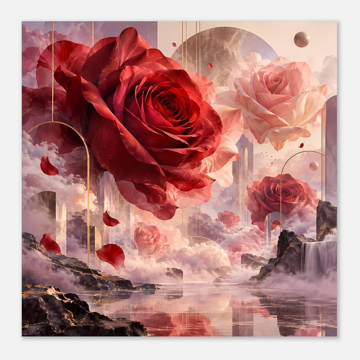 Poster mit roten und rosafarbenen Rosen im surrealen Design