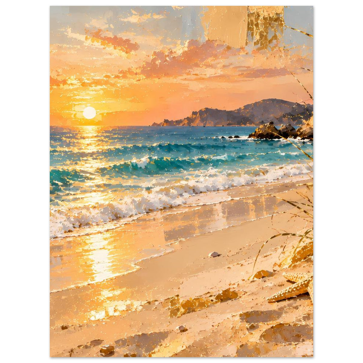 Hochformat-Poster mit Strand, Wellen und untergehender Sonne im warmen Orange-Ton