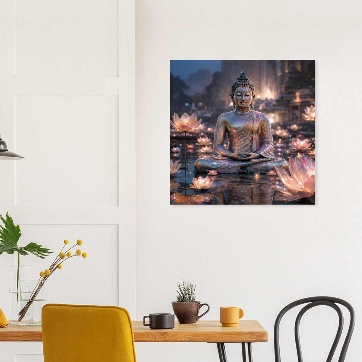 Quadratisches Meditationsposter mit sitzendem Buddha und schimmernden Lotuslichtern