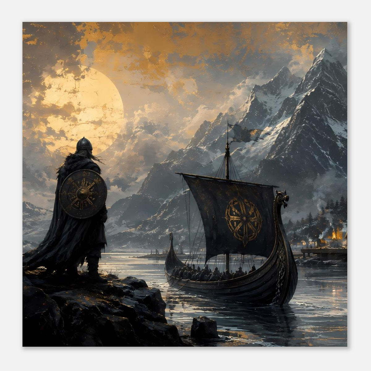 Poster im Querformat mit Wikingerkrieger, Schild, Drachenboot und Bergen im Dunst