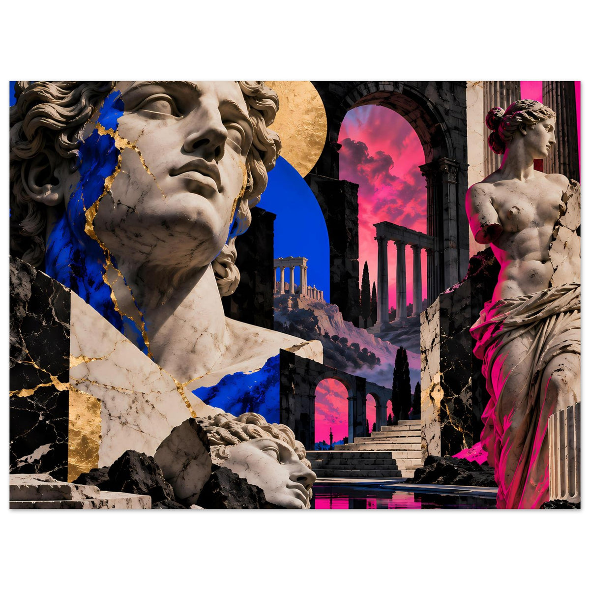 Kunstposter im Querformat mit klassischer Statue, blau-pinke Highlights, Bogen- und Säulenmotiv