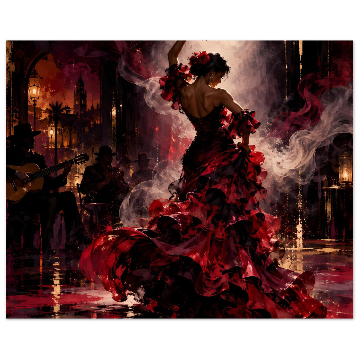 Flamenco-Passion-Poster mit Flamenco-Tänzerin im roten Kleid, Blumenkranz und ausgestreckter Hand