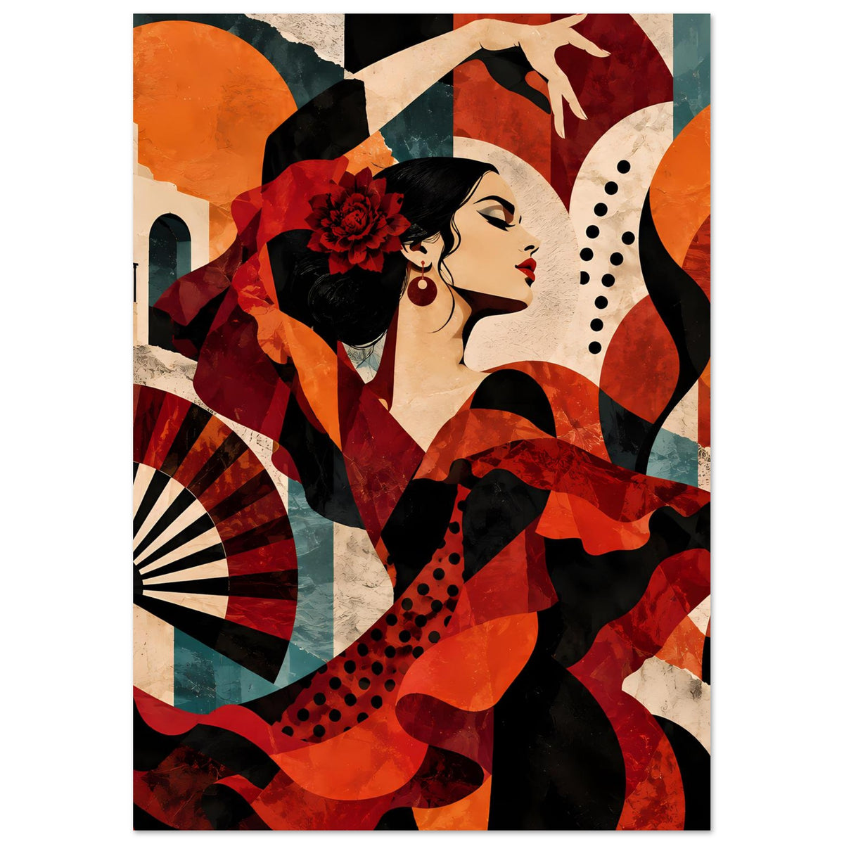 Flamenco-Tanzposter mit Porträt der Tänzerin, schwarzes Haar mit roter Blume, rote Akzente