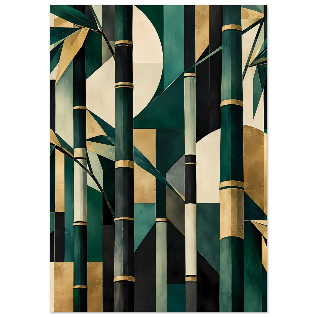 Naturposter mit abstrakten Bambusstäben und Blättern in Smaragdgrün und Gold, senkrechte Ansicht