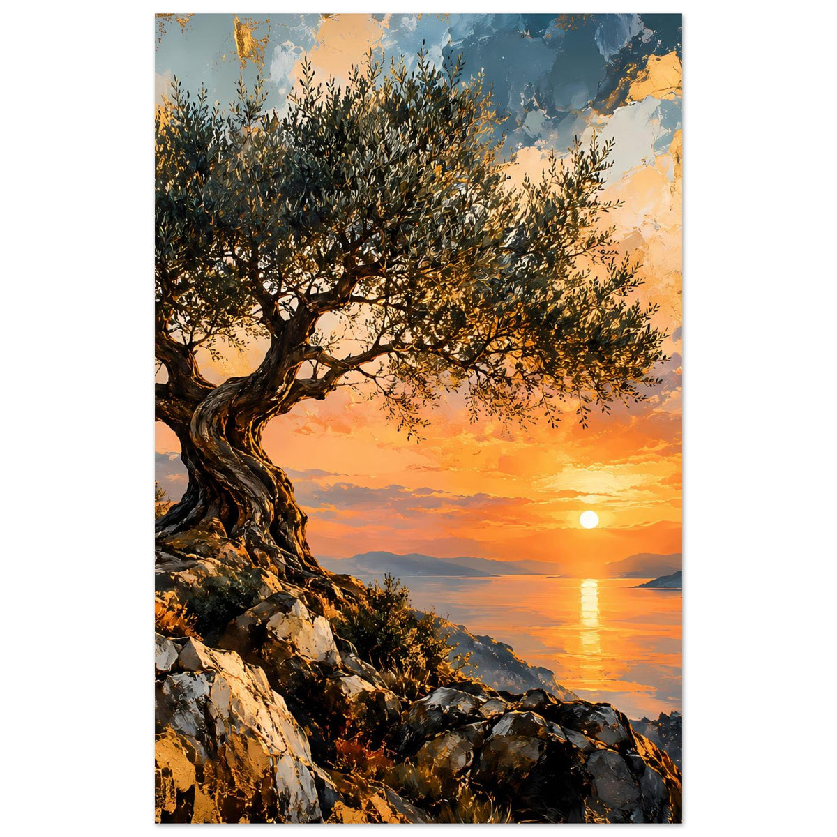 Poster im Hochformat: Olivenbaumkrone über Küste mit goldenem Sonnenuntergang