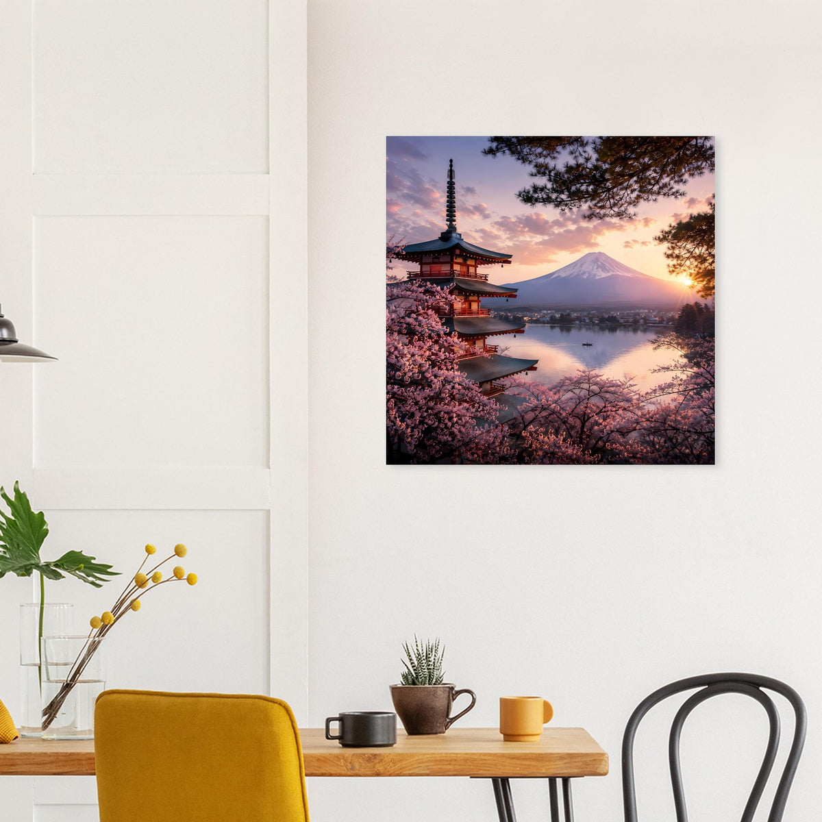 Quadratisches Wandposter mit Pagode, Kirschblüten und Berg bei aufgehender Sonne