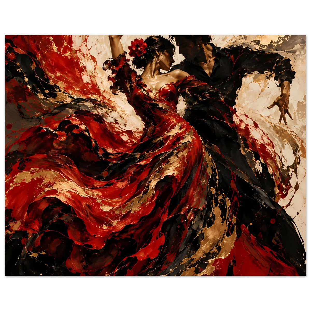 Poster mit Flamenco-Paar: rotes, schwarz-gold abstraktes Tuchgewand, Tänzerpose mit Blume