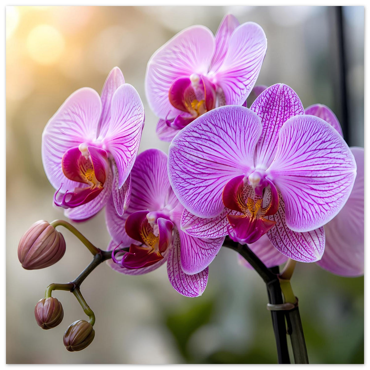 Orchideen-Poster im Detail: lila-rosa Orchideenblüten mit sichtbarer Knospenreihe