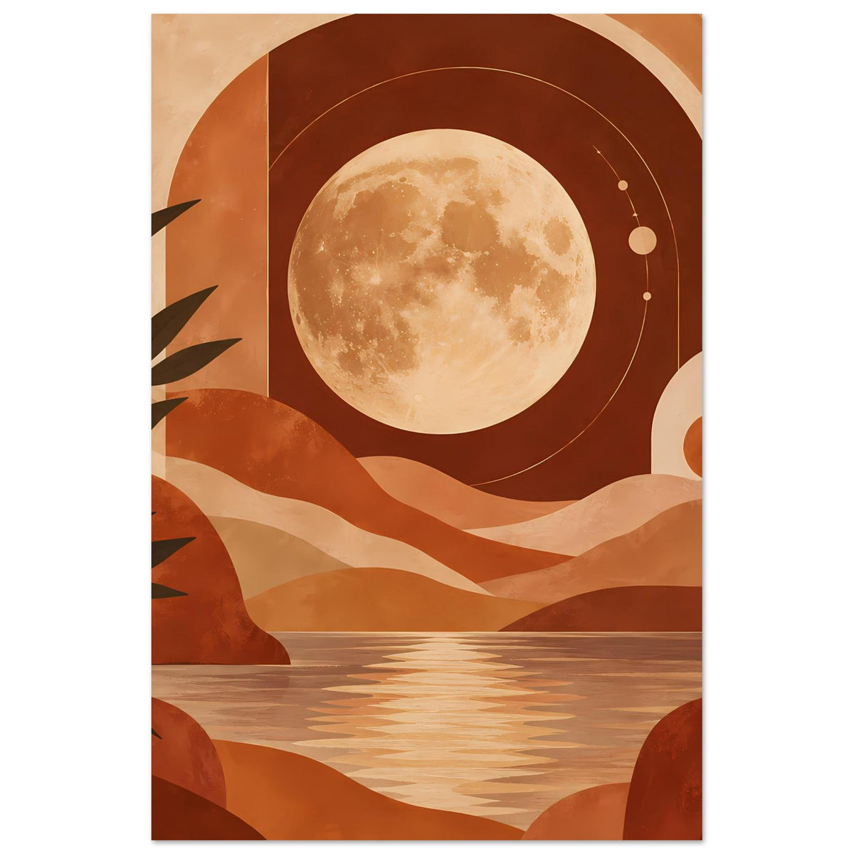 Wüstenoase-Poster im Hochformat mit Vollmond, Kreisring und Dünenwellen in warmen Farbtönen