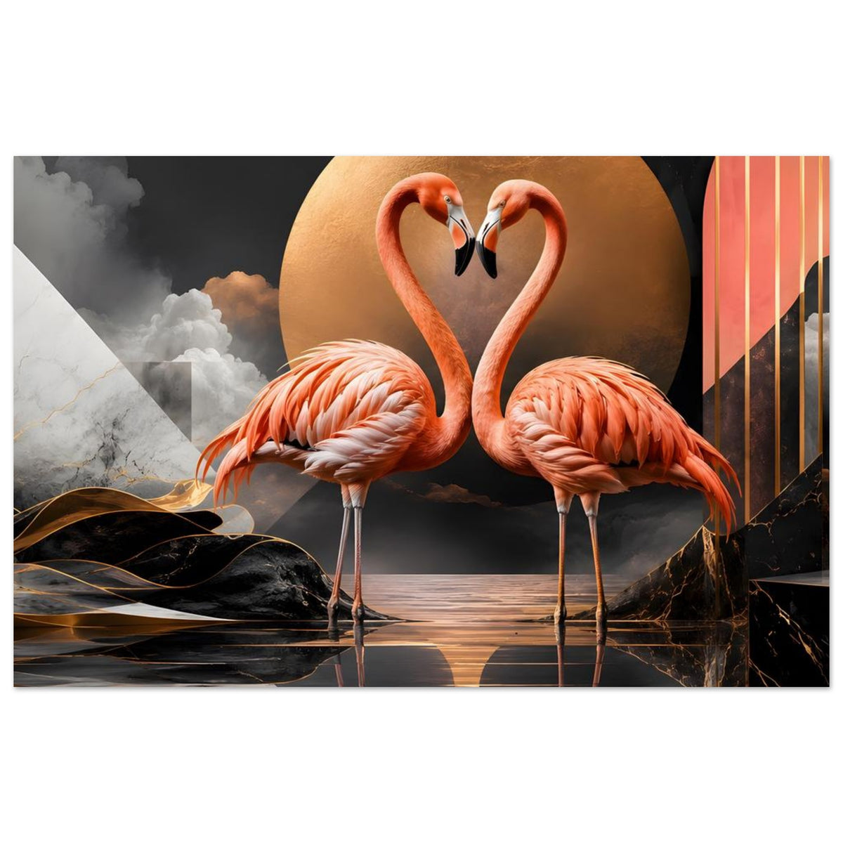 Breitformat-Poster mit zwei Flamingos im Herzmotiv, goldener Kreis und orange Akzente