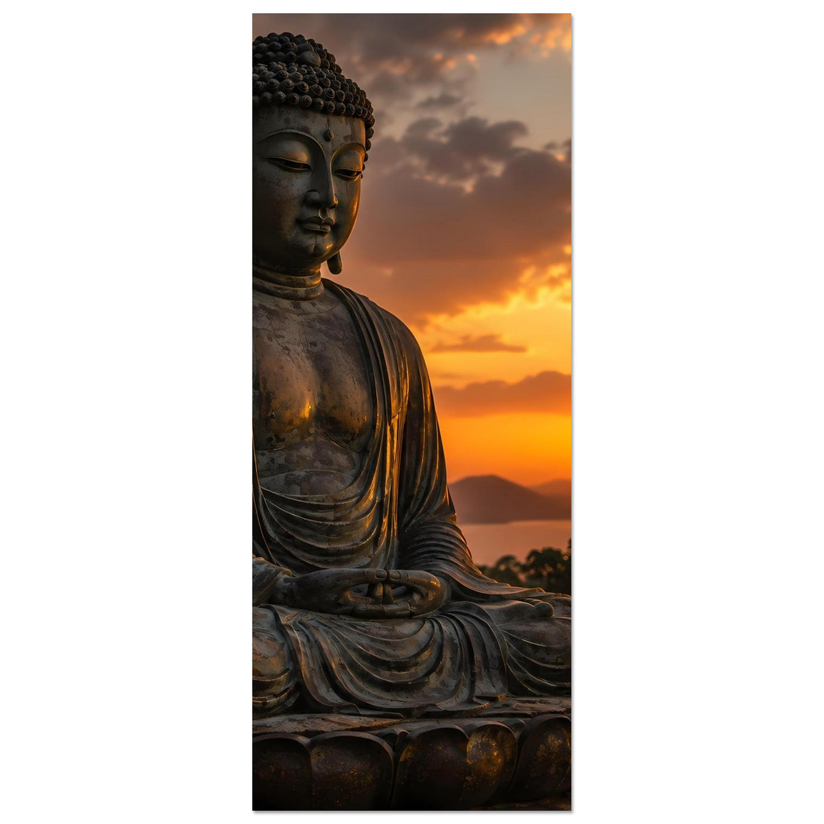 Poster im Hochformat: Buddha-Statue von Kopf bis Hände, dunkelgrau, Meditationshaltung