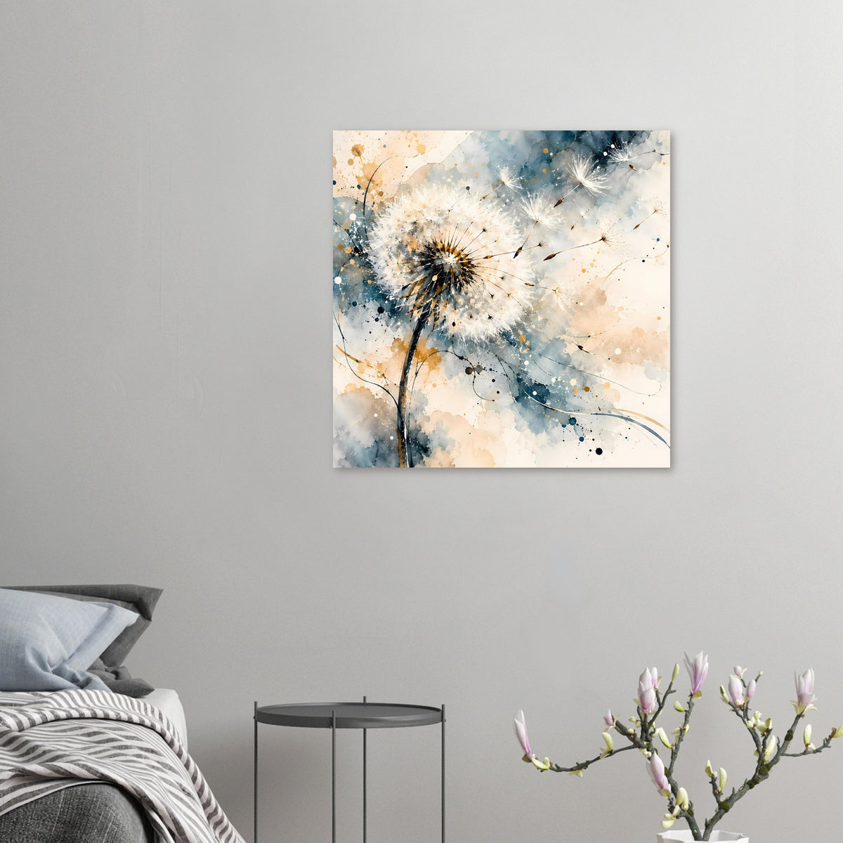 Kleinformatiges Kunstposter mit Pusteblume in Blau- und Goldtönen, mit Samenflügen