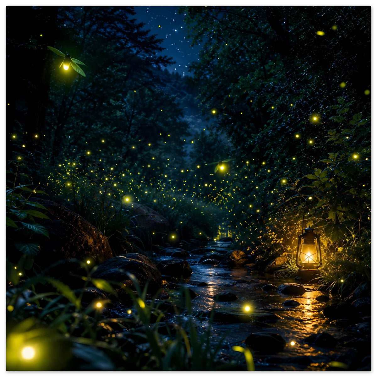 Poster mit dunkler Waldszene, glühenden Lichtpunkten über Wasser und Laterne am Ufer