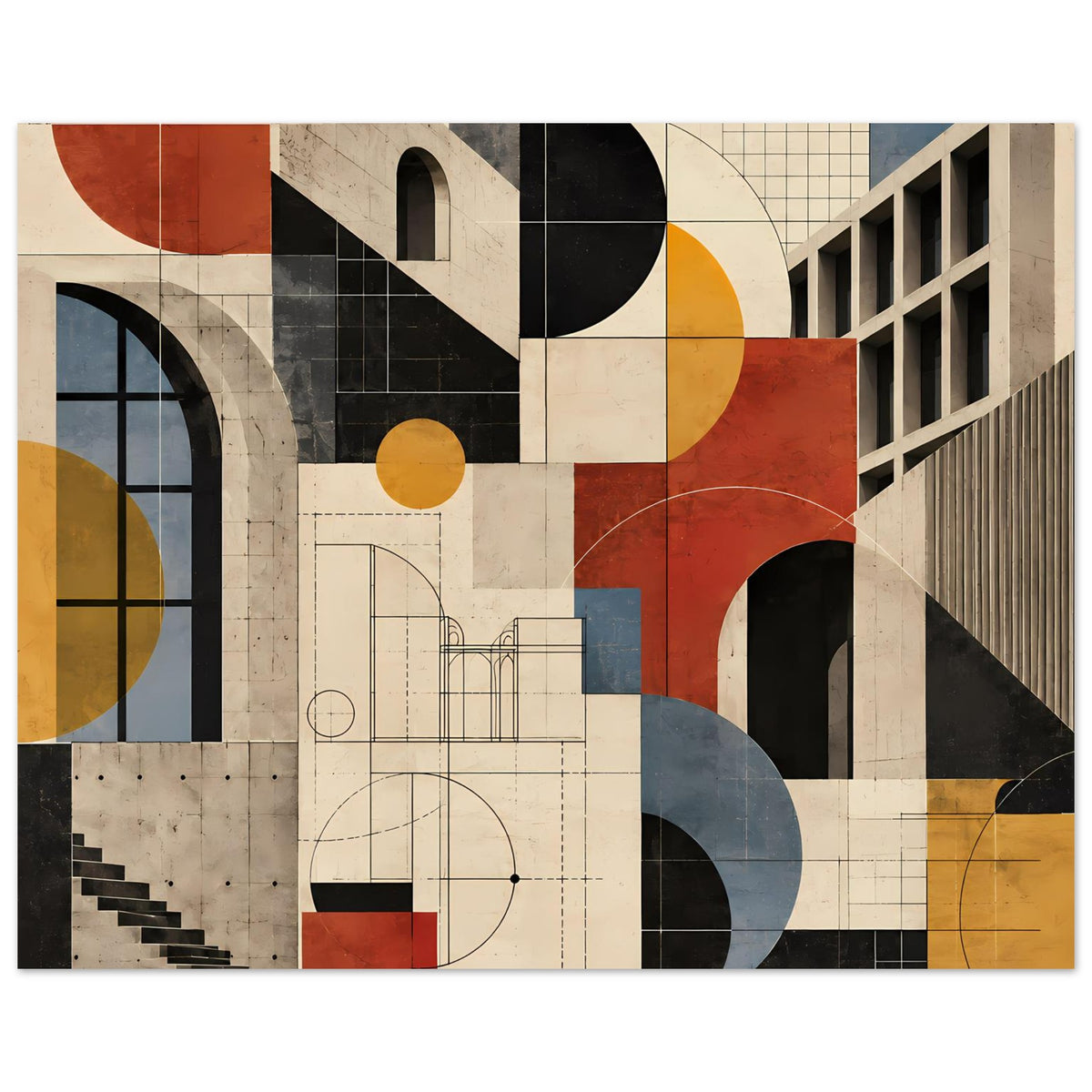 Kunstposter mit abstrakter Architekturlandschaft: Terrakotta, Schieferblau, Schwarz und Creme