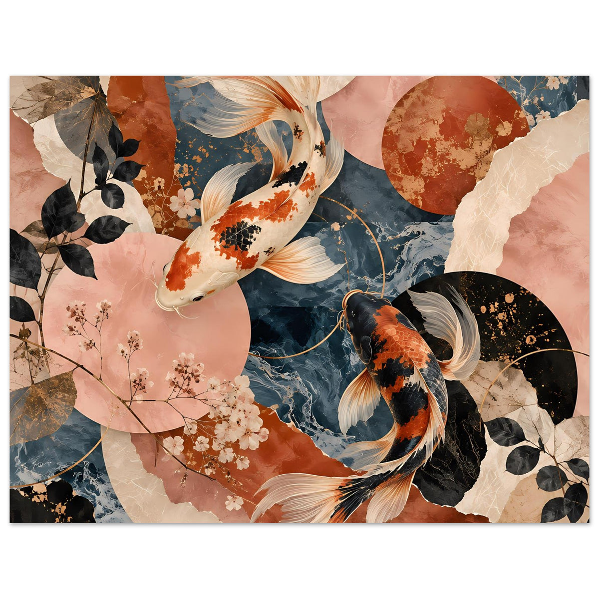 Koi-Fische Poster mit orange-weißem Koi, blauen Wellenlinien und schwarzen Akzentformen