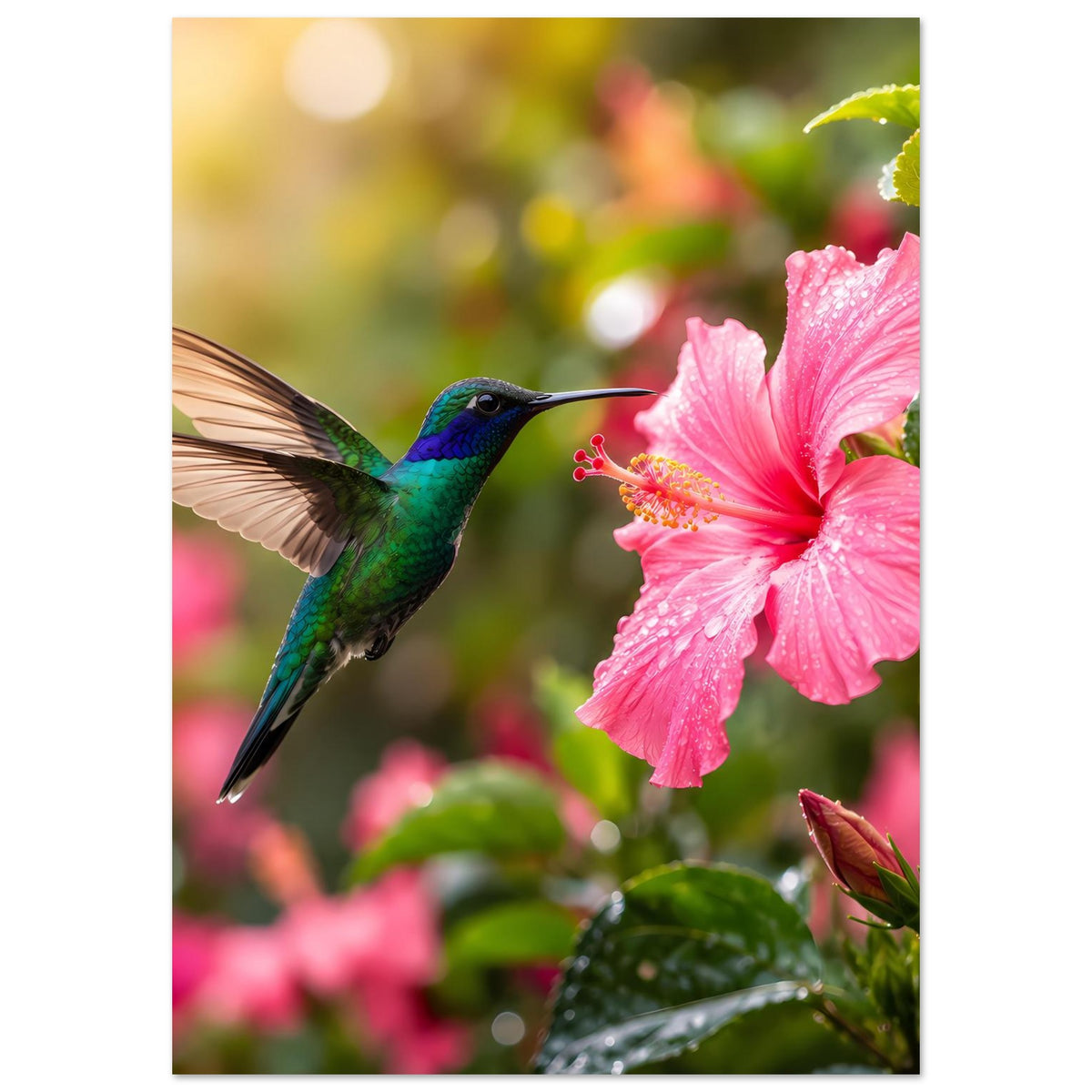 Hochkant-Naturposter mit Kolibri am blühenden Hibiskus, pinke Blüte und Zweig