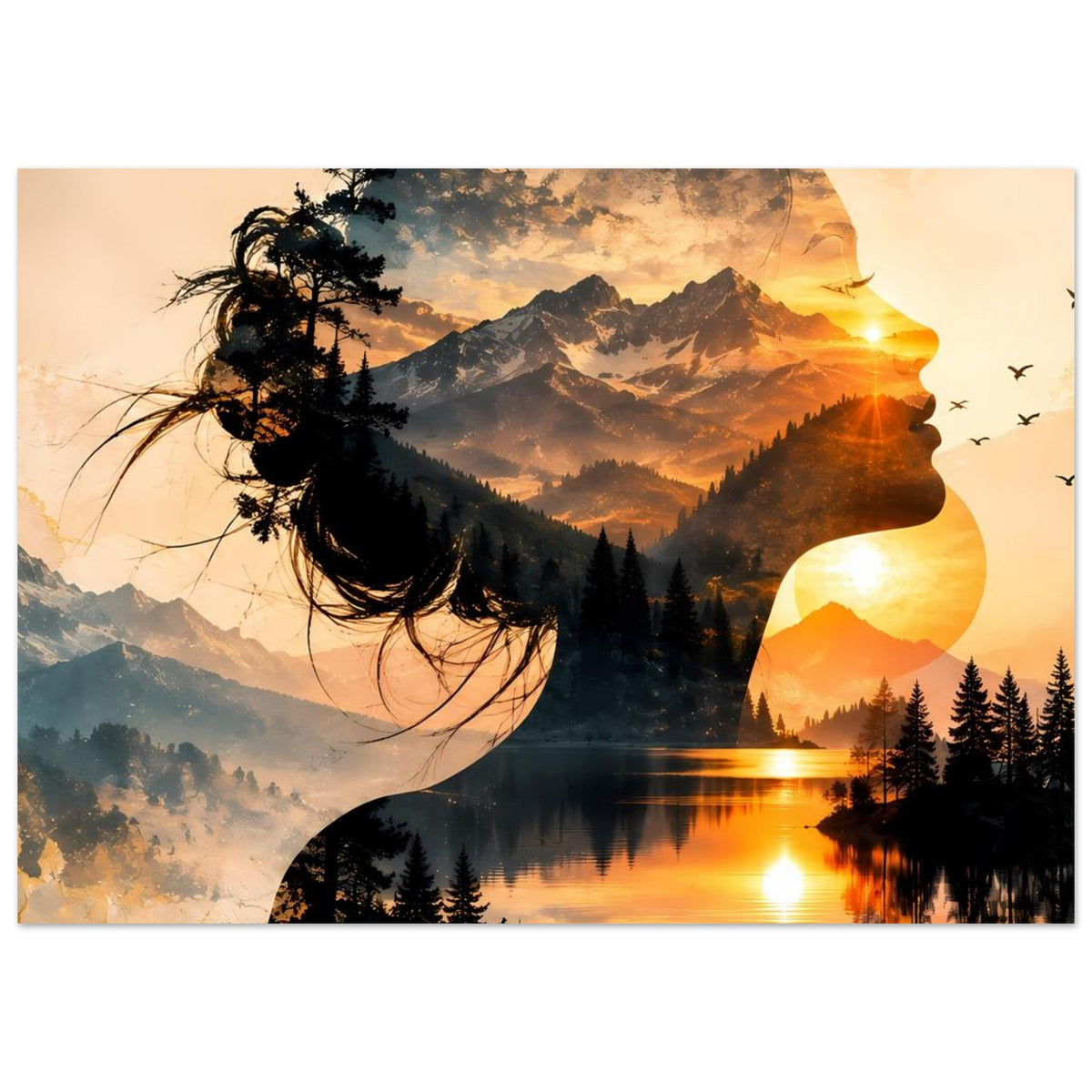 Poster, Frauenprofil-Silhouette mit Bergketten, Tannenwald und See in Abendsonne
