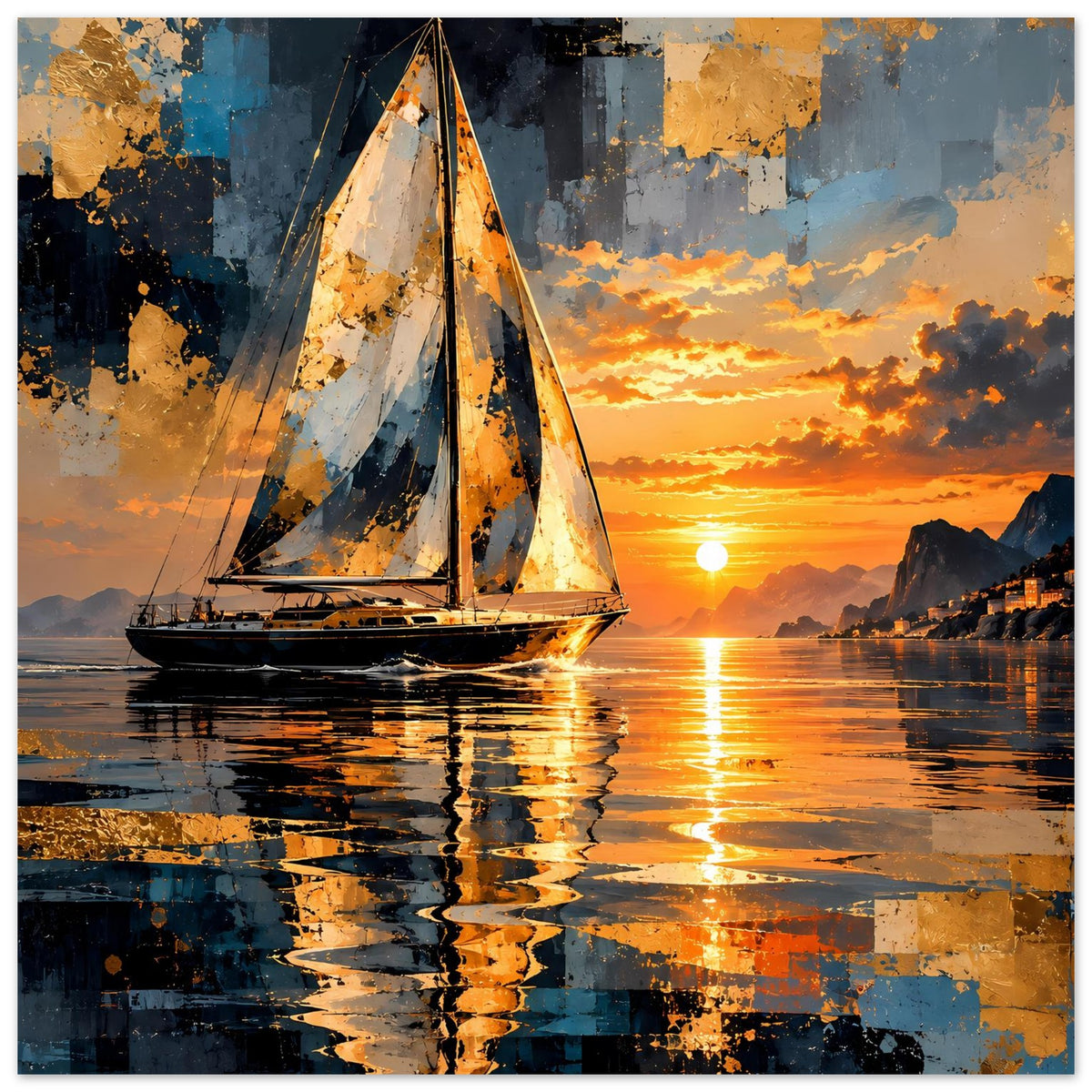 Abstraktes Segelboot-Sonnenuntergangs-Poster mit Reflexion im Wasser, auf Premium-Mattpapier