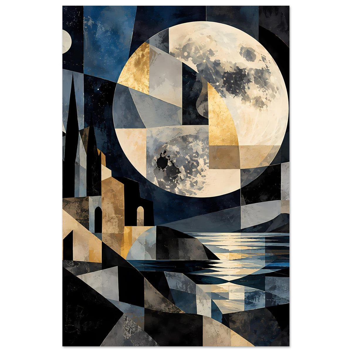 Geometrisches Poster im Hochformat: Mondscheibe über abstrakter Landschaft mit Wasser, Blau und Gold