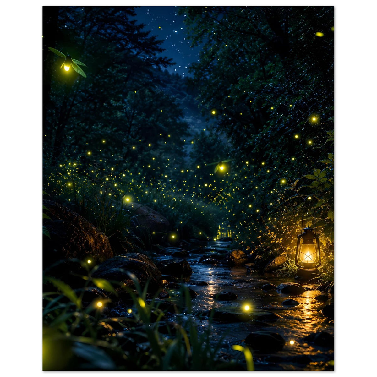 Wandposter mit Waldlandschaft bei Nacht, gelbe Glühwürmchen über Bach und Laterne