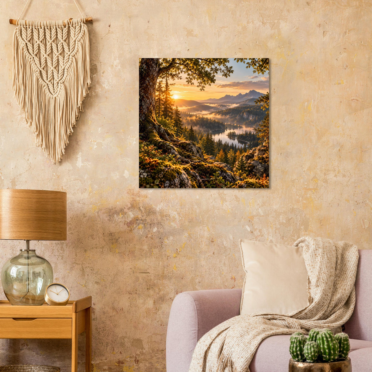 Quadratisches Landschafts-Poster mit goldenem Sonnenaufgang über bewaldetem Tal und See