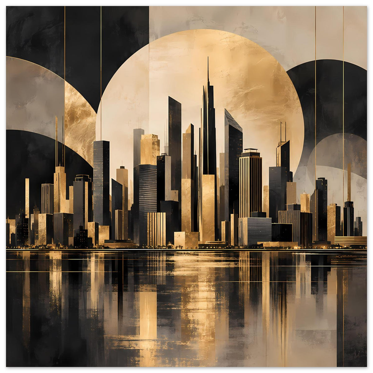 Quadratisches Stadtposter mit goldschwarzer Skyline und Wasserreflexion
