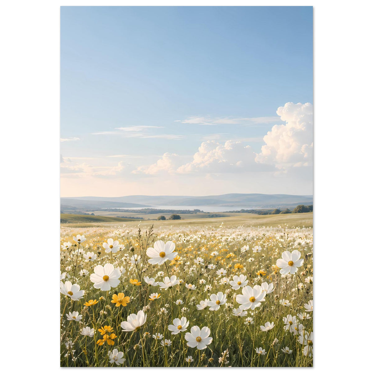 Wildblumenwiese-Poster: weiße Gänseblümchen und gelbe Blüten vor Landschaft