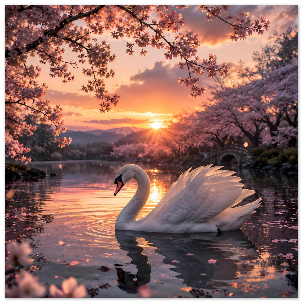 Hochformatiges Poster: weißer Schwan schwimmt bei Sonnenuntergang, Blütenäste über dem See