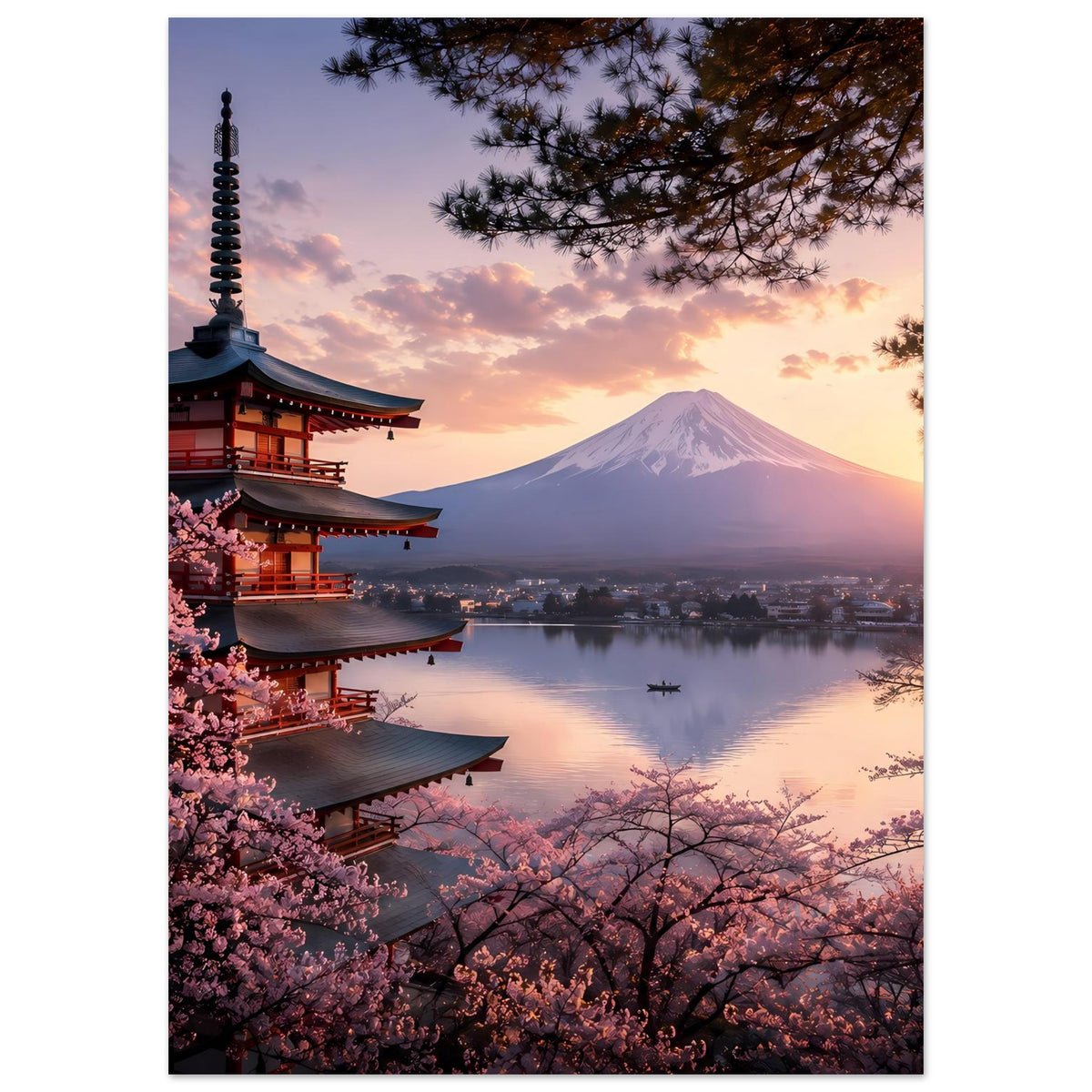 Vertikales Poster mit Pagode links, Berg Fuji im Zentrum, See und Kirschblüten am unteren Rand