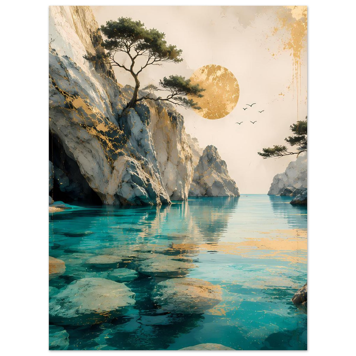 Hochformatiges Poster mit türkisblauem Meer, Felsenklippen, Baum und goldenem Mond