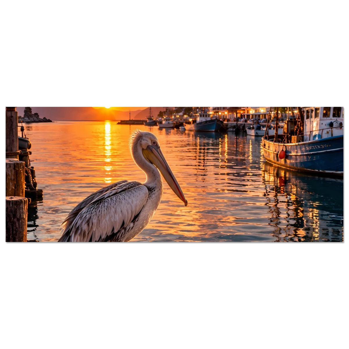 Premium Poster (schmal): Pelikan auf Holzpfahl am Hafen bei Sonnenuntergang