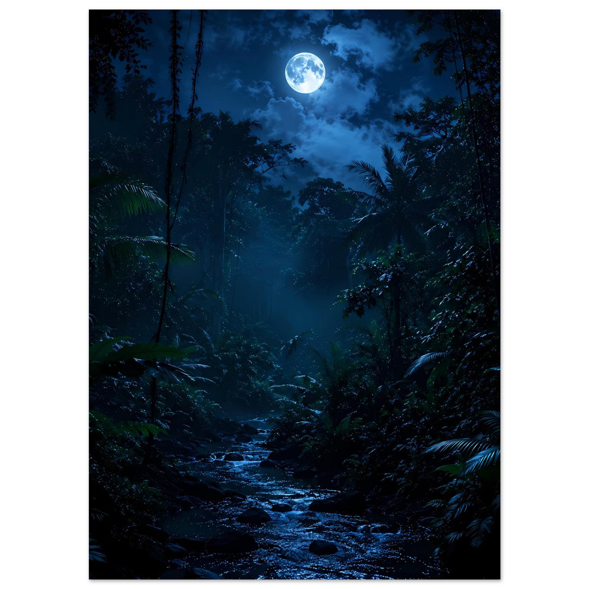 Poster im Hochformat mit mondbeschienenem Dschungelweg und dunklen Baumkronen