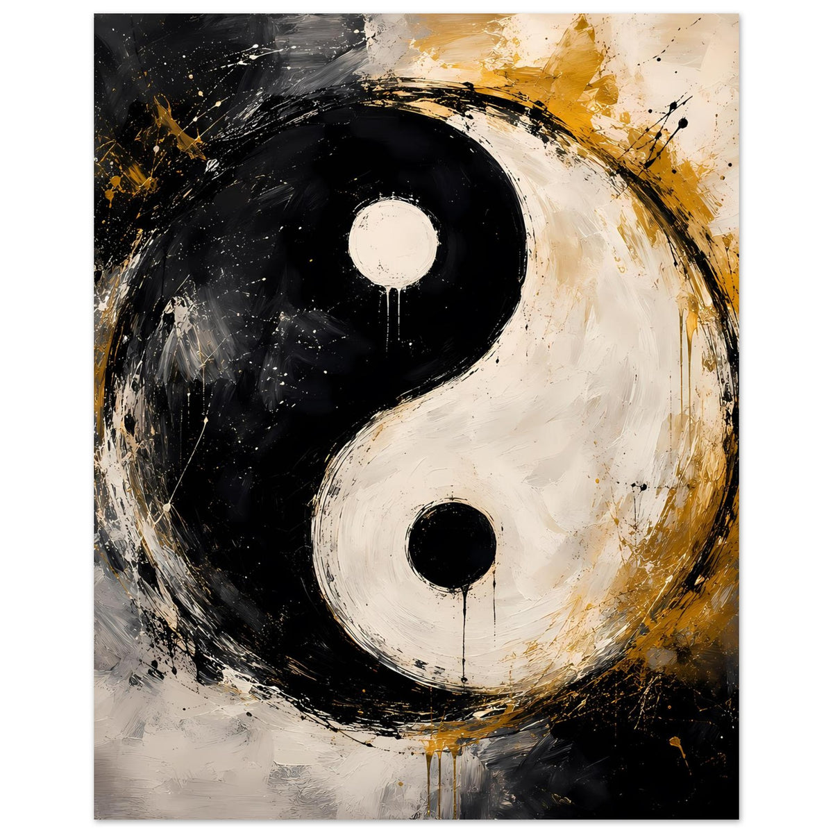 Abstraktes Yin-Yang Poster: schwarzer und weißer Kreis mit Gold-Akzenten, Sprüh- und Pinselspuren