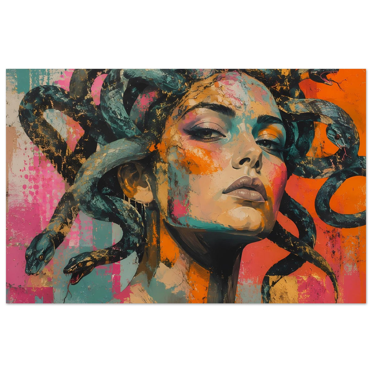 Hochformat-Poster mit Medusa, seitliches Gesicht und Schlangenhaar, kräftige Farbspritzer