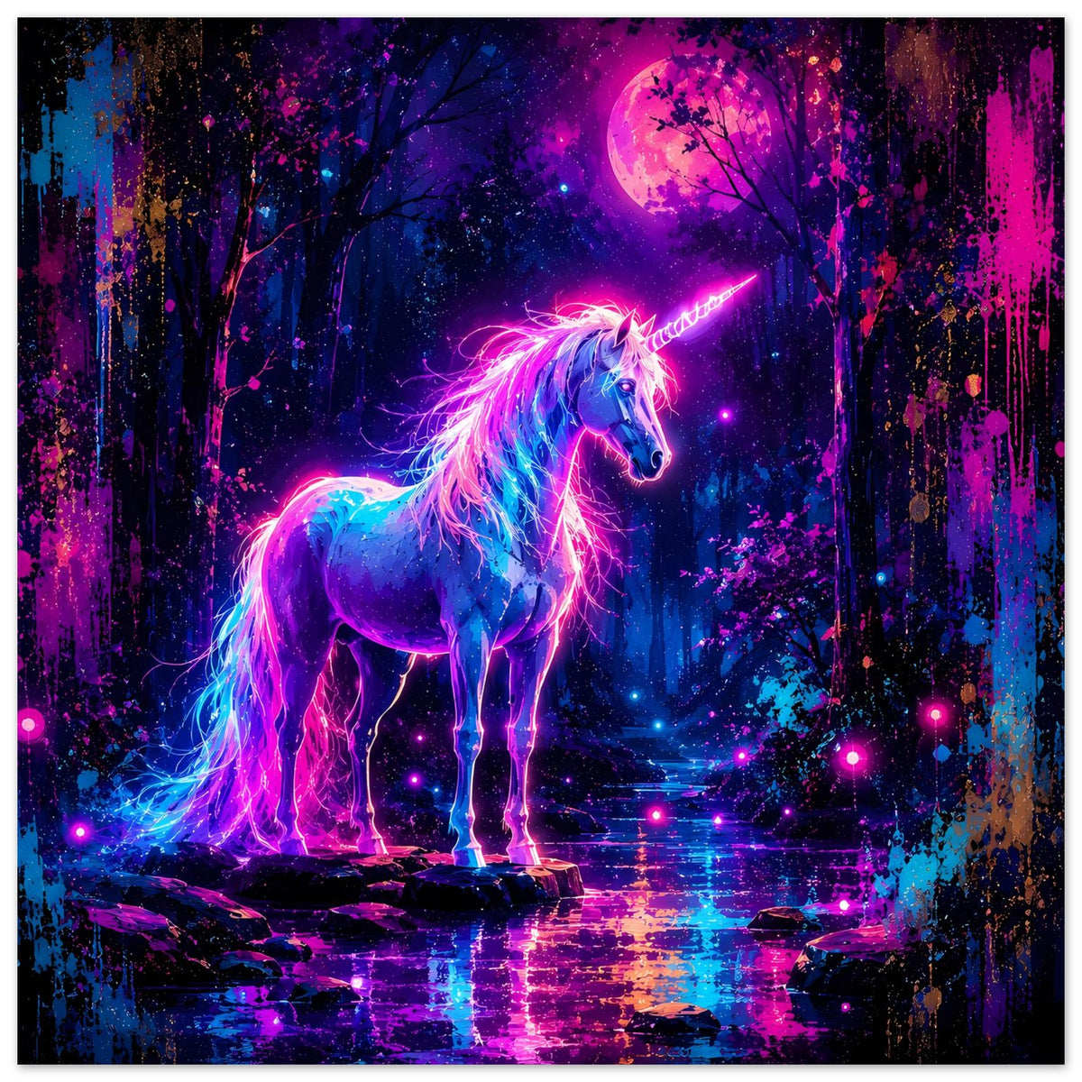 Neon-Einhorn-Poster: Einhorn seitlich, strahlendes Horn und schimmernde Mähne vor Vollmond