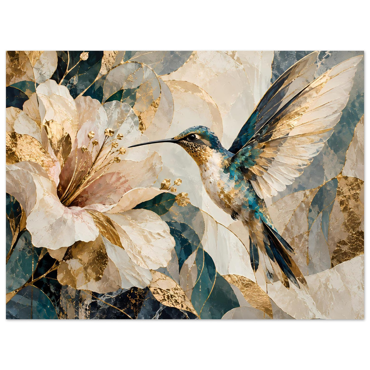 Wandposter: Kolibri mit weit ausgebreiteten Flügeln, große Blüten links, goldene Highlights
