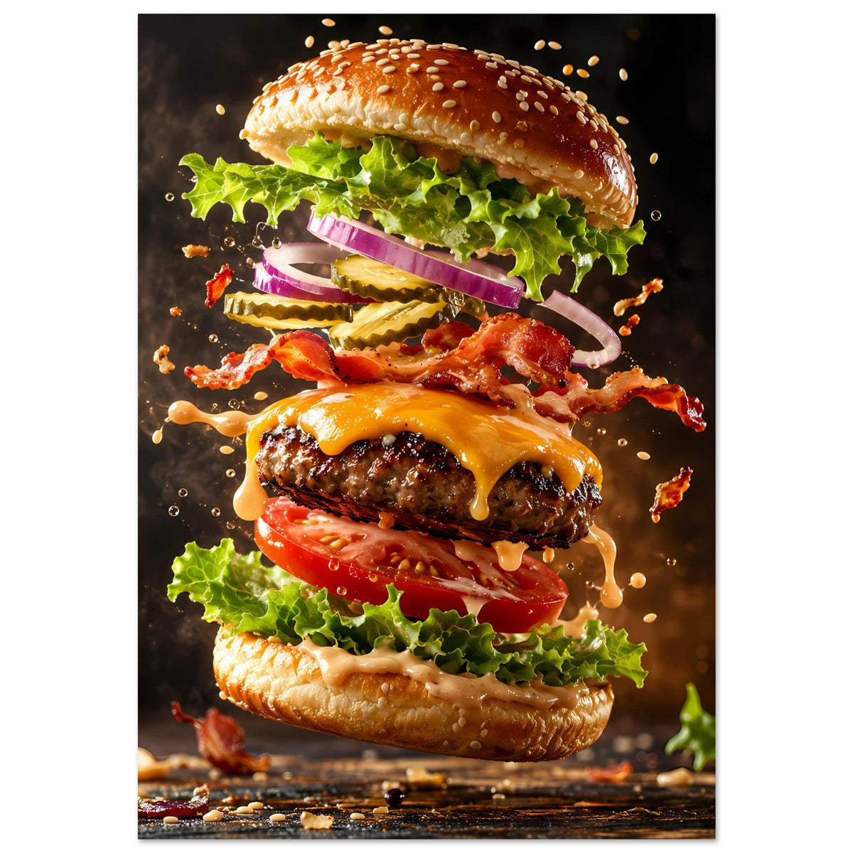Poster mit Burger-Illustration, frontal: gestapelter Burger mit grünen Salatblättern