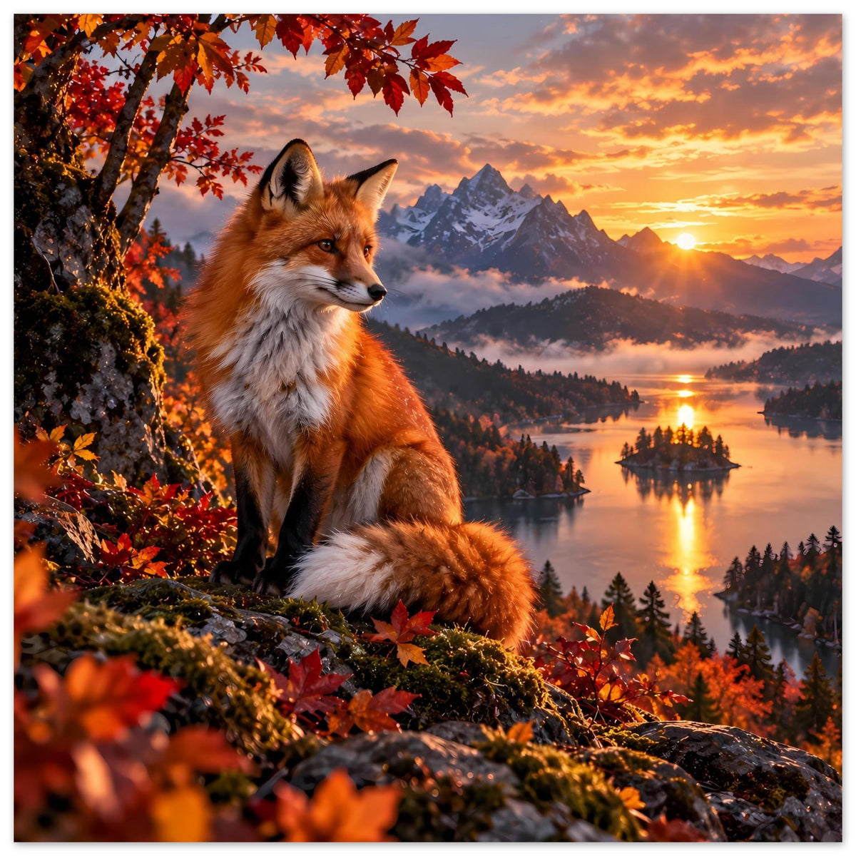 Herbst-Wildnisposter mit rotem Fuchs auf Felsen im Wald bei Sonnenuntergang