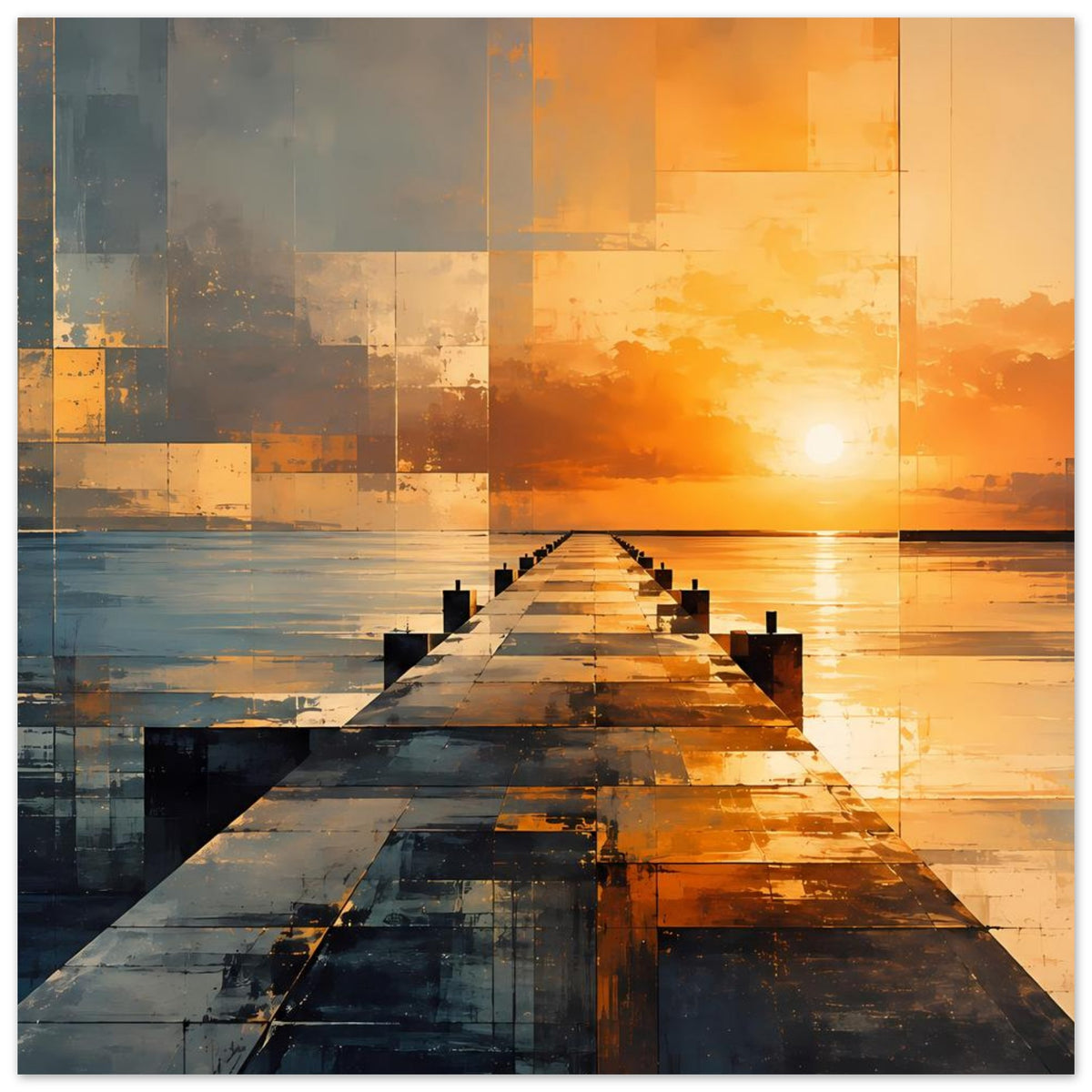 Wandposter mit abstraktem Steg bei Sonnenuntergang, geometrische Rechtecke in Blau und Gelb