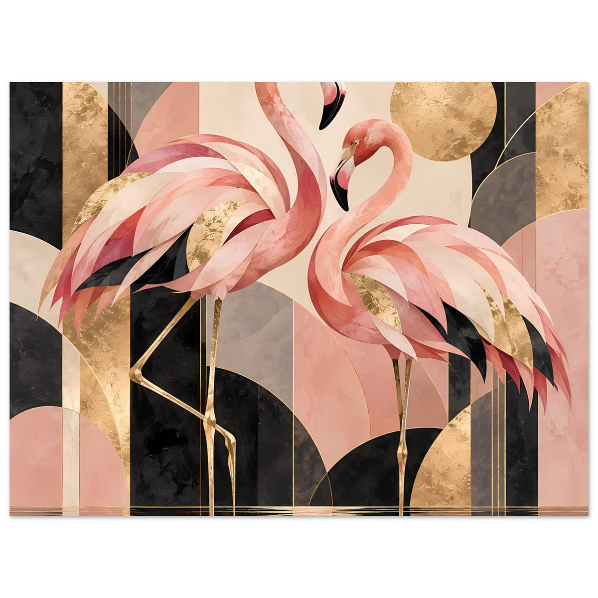 Zwei rosa Flamingos vor geometrischem Hintergrund mit Goldakzenten in Schwarz und Creme – Posteransicht 36