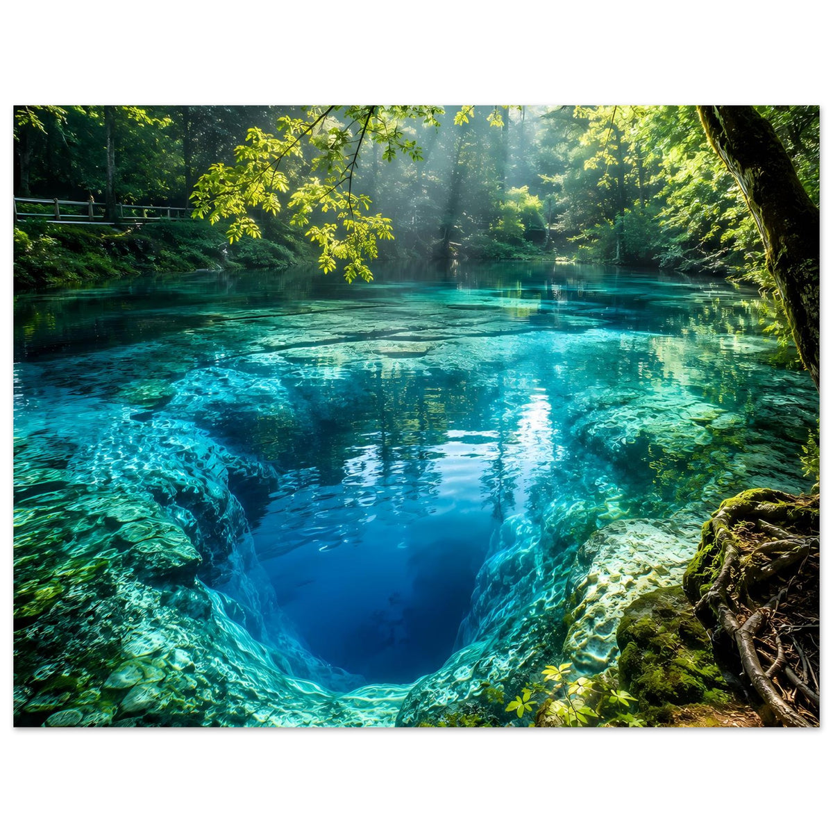 Horizontales Poster: Waldquelle mit blaugrünem Wasser, Felsgrotte und Spiegelungen im See.